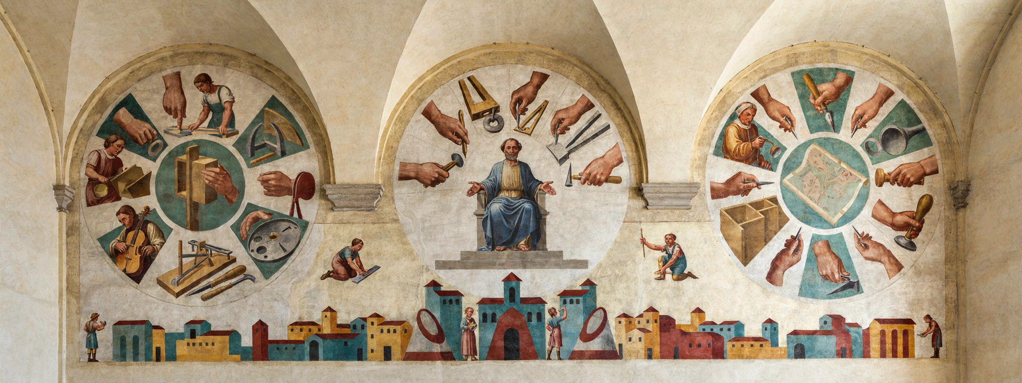 Fresco-style panorama of many tools and workers arranged around one seated mind.