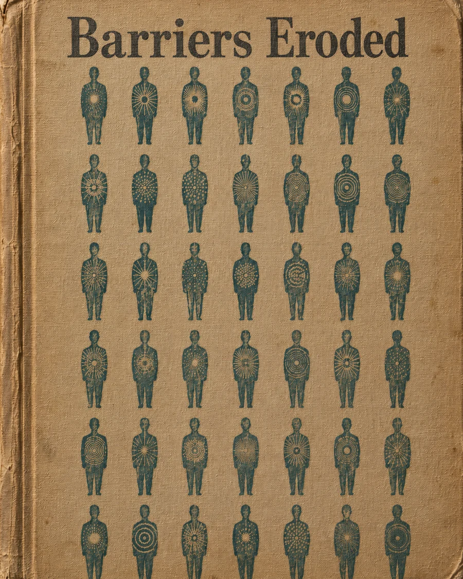 Grid of silhouetted figures with unique patterns on a worn book cover