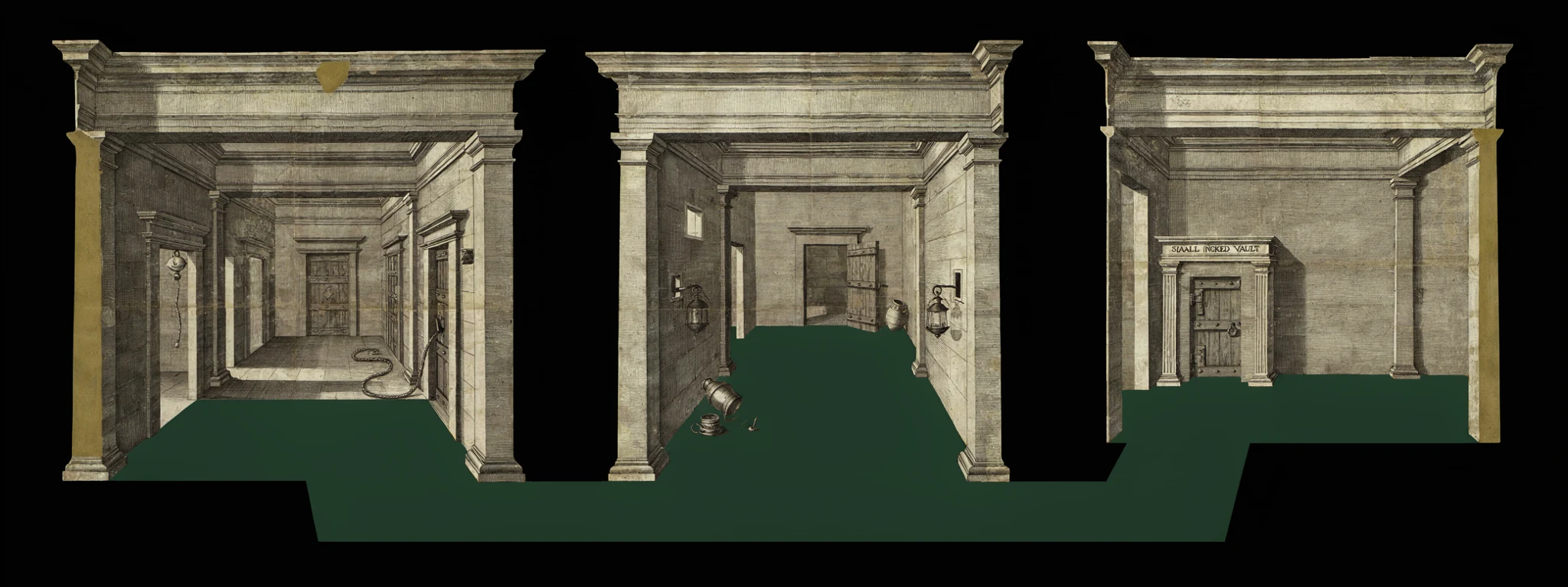 Fresco-style triptych showing a sealed gate, side paths, and a locked inner vault.
