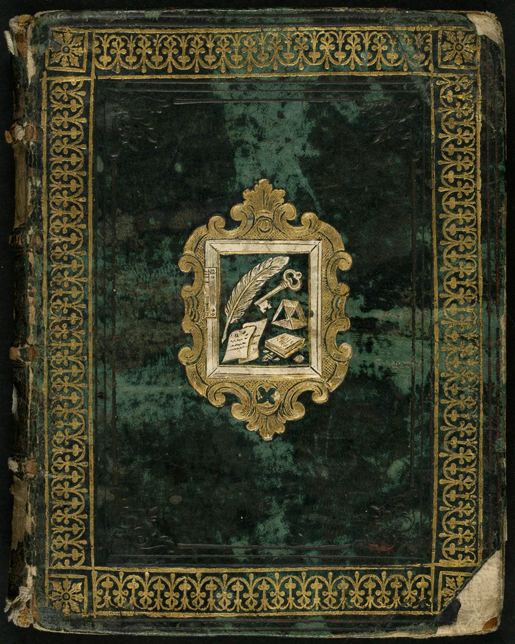 Worn antique book cover with a locked inner-vault emblem