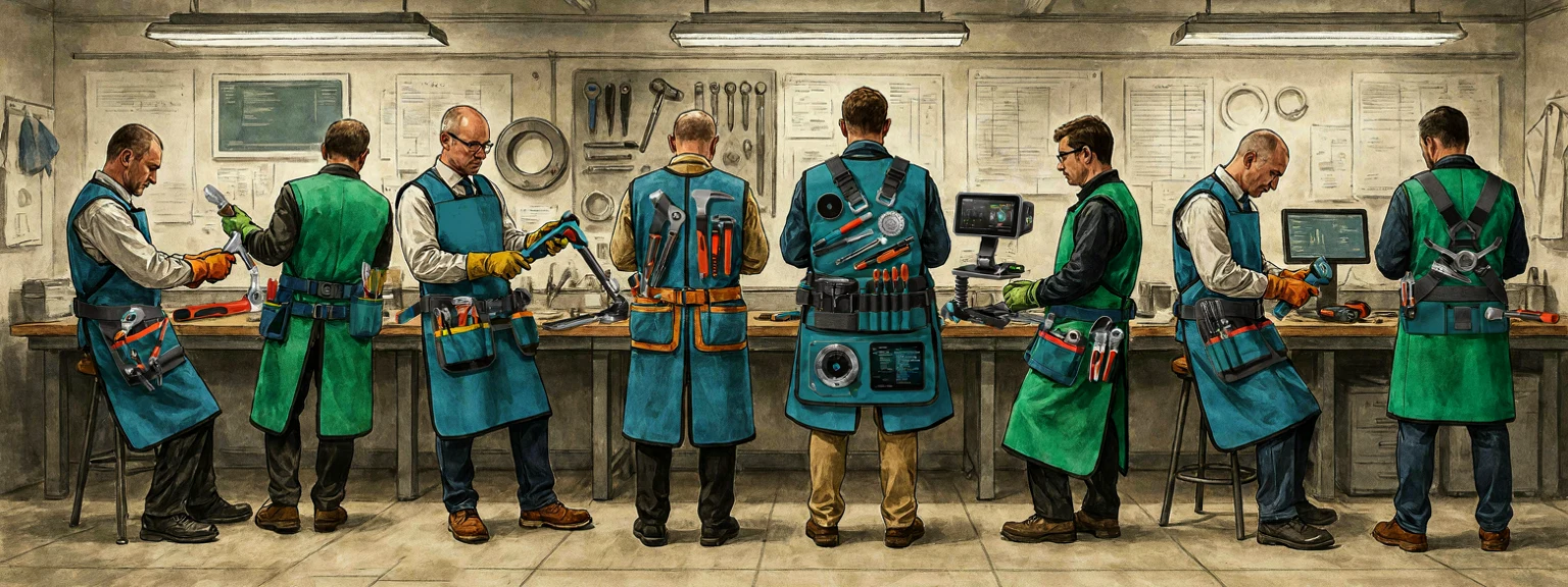 Fresco-style panorama of workers having practical tools tailored into custom automation suits.