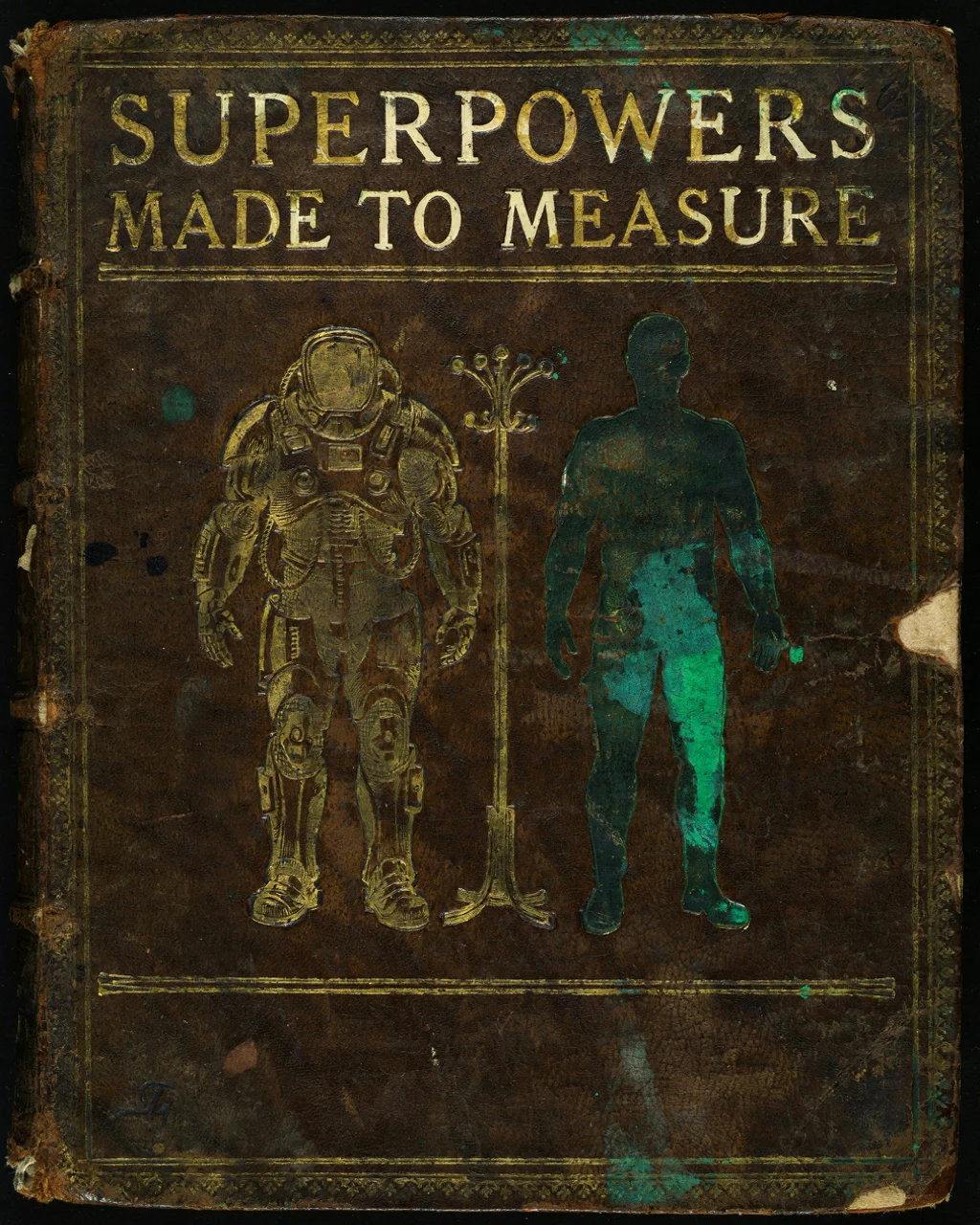 Antique technical book cover with an empty automation suit titled Superpowers, Made to Measure
