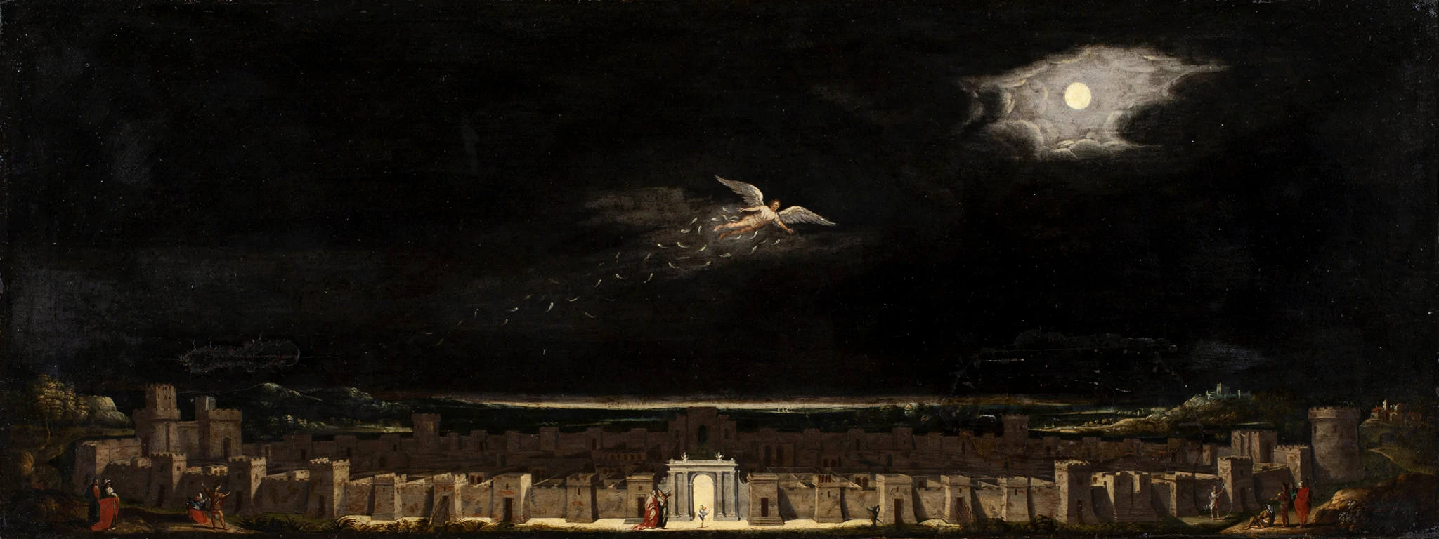 Tenebrist night scene of a winged figure over a moonlit city.