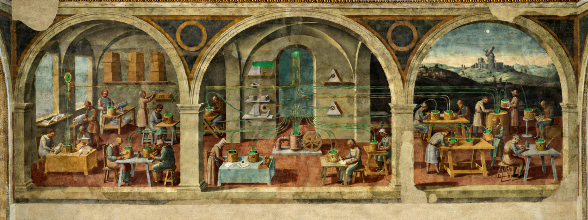 Fresco-style panorama of small workshops powered by a central low-watt thinking machine.