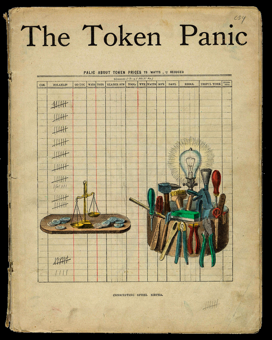 Antique book cover with an expanding intelligence diagram titled The Token Panic