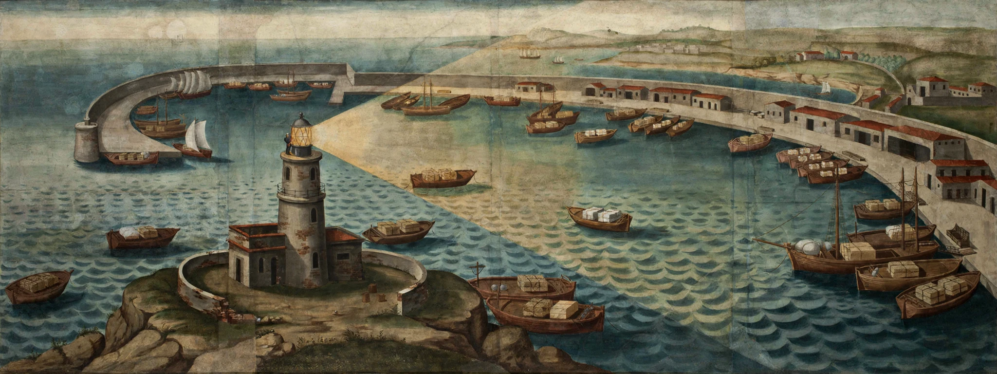 A lighthouse keeper directing a watchlight across a harbor of small merchant boats.