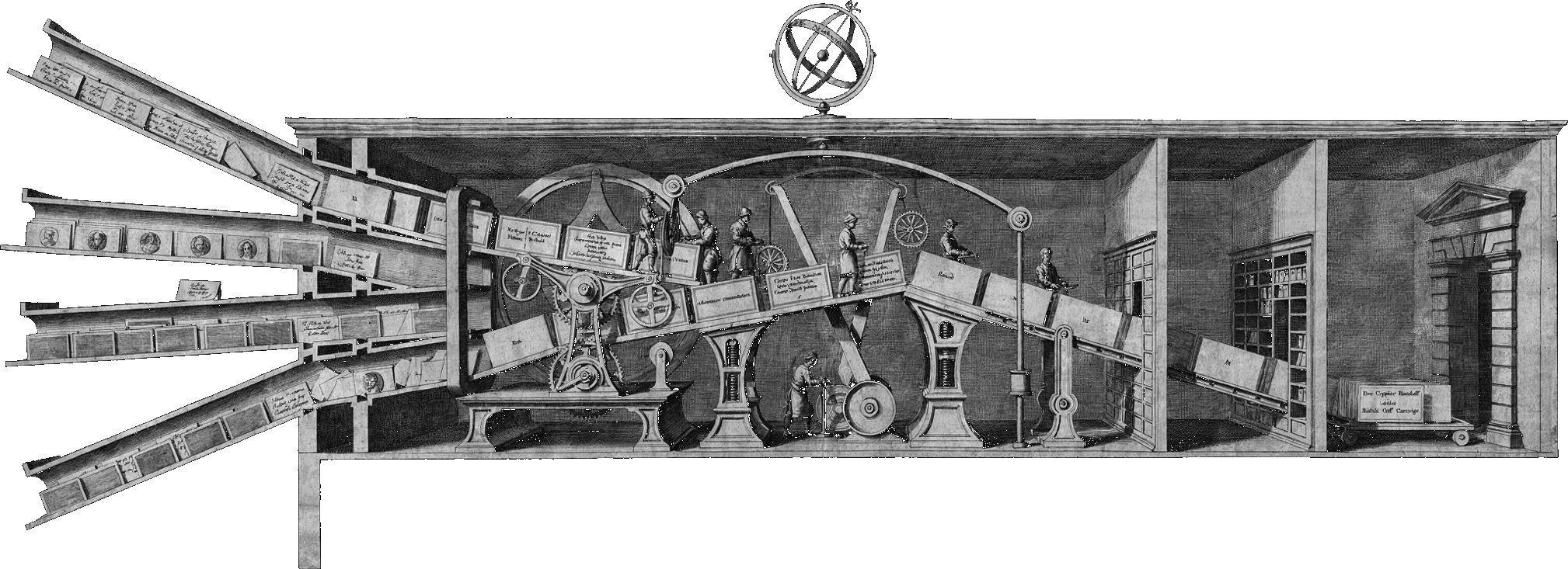 Etched clockwork gatehouse carrying records through a controlled accounting workflow.